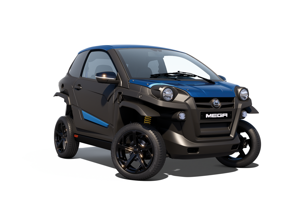 Voiture sans permis Mega noire et bleue pour trajets professionnels